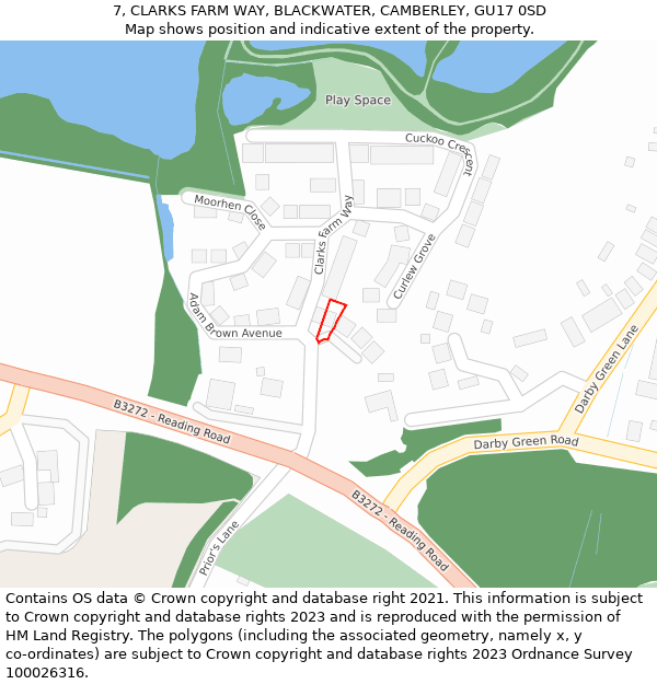 7, CLARKS FARM WAY, BLACKWATER, CAMBERLEY, GU17 0SD: Location map and indicative extent of plot