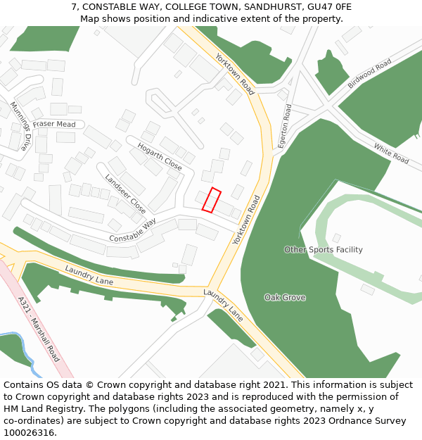 7, CONSTABLE WAY, COLLEGE TOWN, SANDHURST, GU47 0FE: Location map and indicative extent of plot