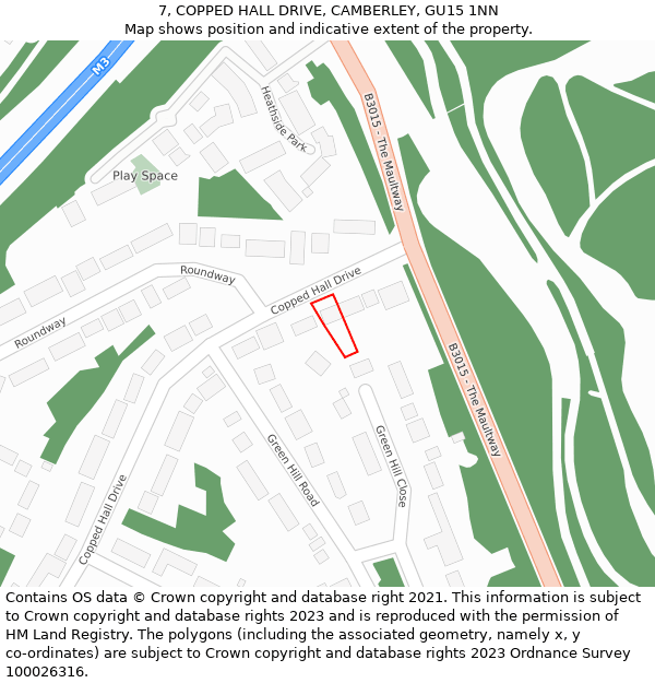 7, COPPED HALL DRIVE, CAMBERLEY, GU15 1NN: Location map and indicative extent of plot