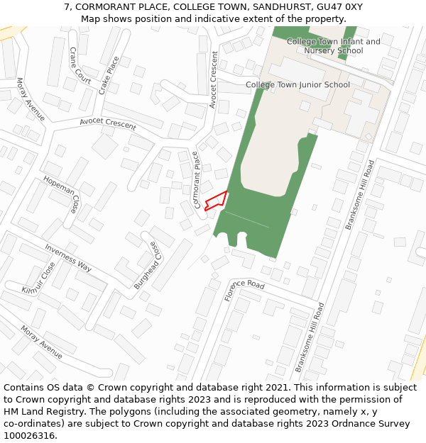 7, CORMORANT PLACE, COLLEGE TOWN, SANDHURST, GU47 0XY: Location map and indicative extent of plot