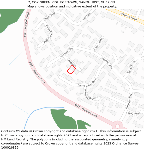 7, COX GREEN, COLLEGE TOWN, SANDHURST, GU47 0FU: Location map and indicative extent of plot