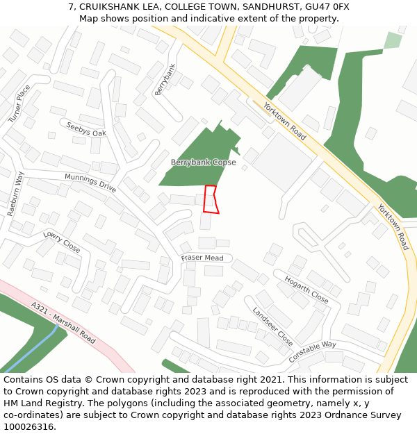 7, CRUIKSHANK LEA, COLLEGE TOWN, SANDHURST, GU47 0FX: Location map and indicative extent of plot