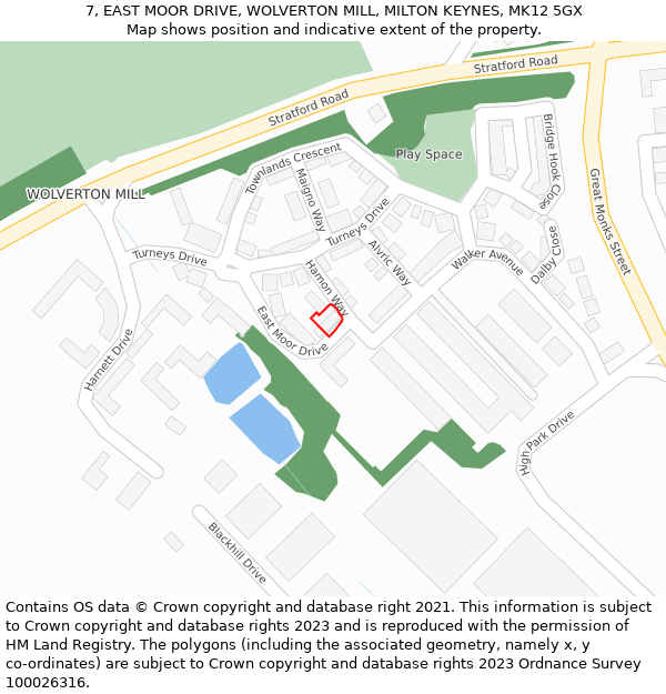 7, EAST MOOR DRIVE, WOLVERTON MILL, MILTON KEYNES, MK12 5GX: Location map and indicative extent of plot