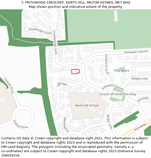 7, FRITHWOOD CRESCENT, KENTS HILL, MILTON KEYNES, MK7 6HQ: Location map and indicative extent of plot