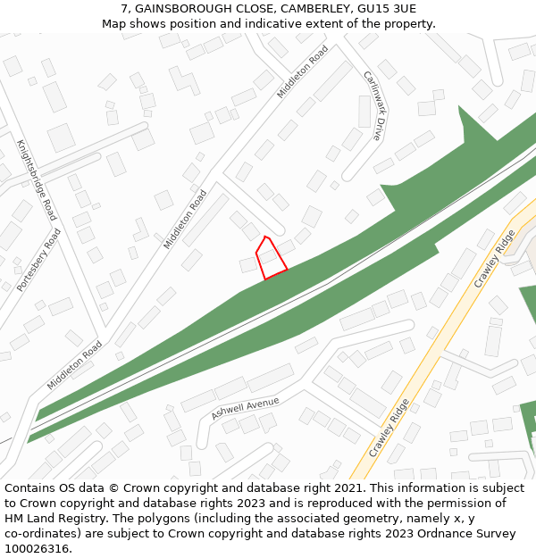 7, GAINSBOROUGH CLOSE, CAMBERLEY, GU15 3UE: Location map and indicative extent of plot