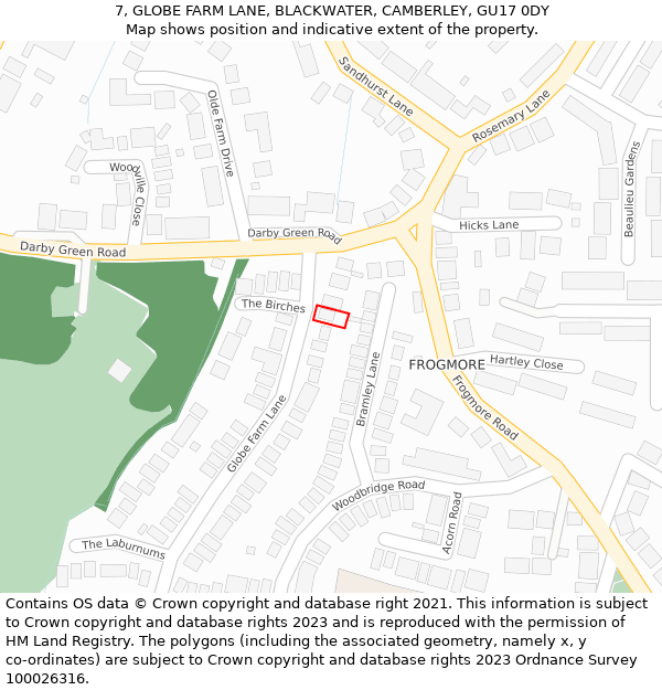 7, GLOBE FARM LANE, BLACKWATER, CAMBERLEY, GU17 0DY: Location map and indicative extent of plot