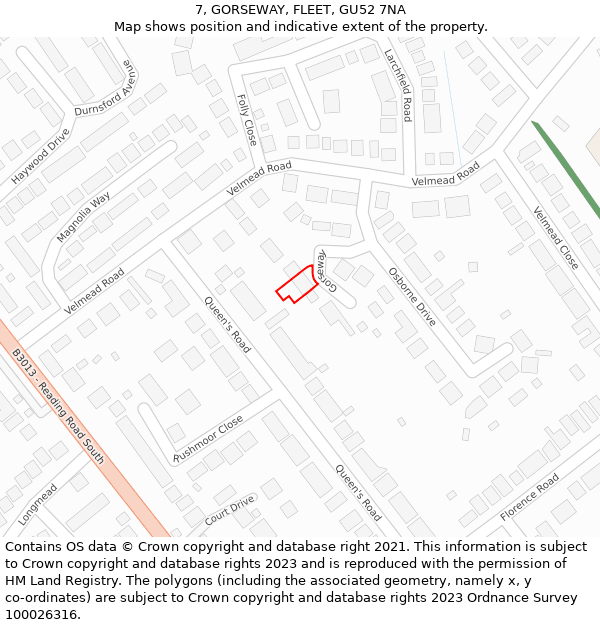 7, GORSEWAY, FLEET, GU52 7NA: Location map and indicative extent of plot