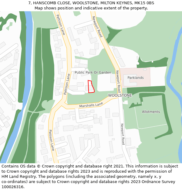 7, HANSCOMB CLOSE, WOOLSTONE, MILTON KEYNES, MK15 0BS: Location map and indicative extent of plot