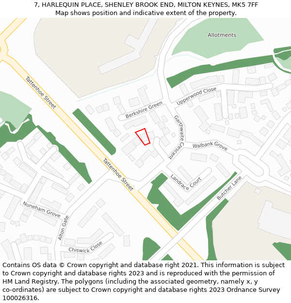7, HARLEQUIN PLACE, SHENLEY BROOK END, MILTON KEYNES, MK5 7FF: Location map and indicative extent of plot