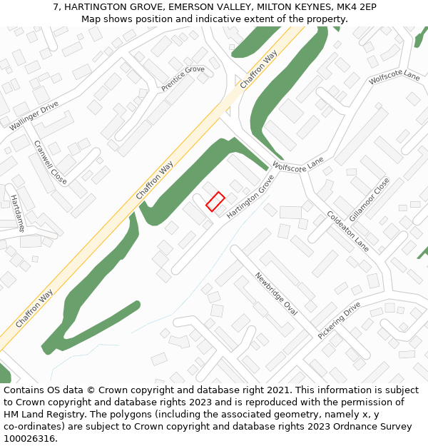 7, HARTINGTON GROVE, EMERSON VALLEY, MILTON KEYNES, MK4 2EP: Location map and indicative extent of plot