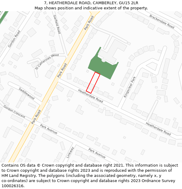 7, HEATHERDALE ROAD, CAMBERLEY, GU15 2LR: Location map and indicative extent of plot