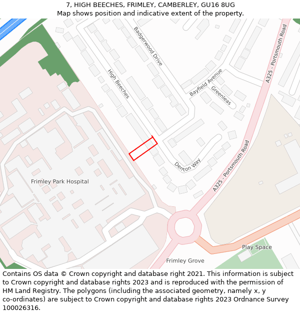 7, HIGH BEECHES, FRIMLEY, CAMBERLEY, GU16 8UG: Location map and indicative extent of plot