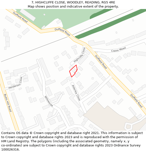 7, HIGHCLIFFE CLOSE, WOODLEY, READING, RG5 4RE: Location map and indicative extent of plot