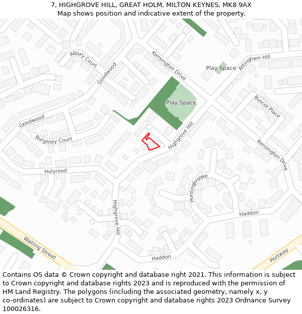 7, HIGHGROVE HILL, GREAT HOLM, MILTON KEYNES, MK8 9AX: Location map and indicative extent of plot