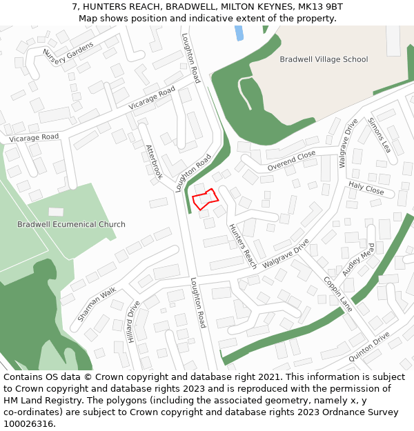 7, HUNTERS REACH, BRADWELL, MILTON KEYNES, MK13 9BT: Location map and indicative extent of plot