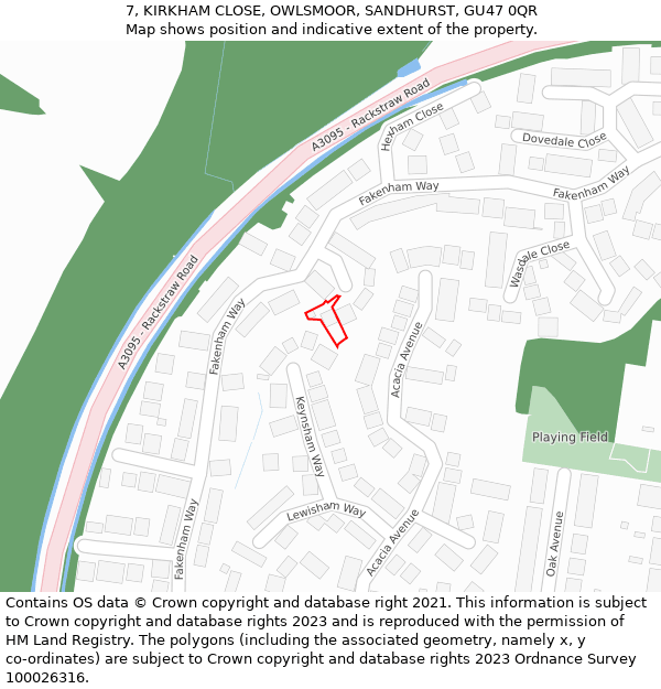 7, KIRKHAM CLOSE, OWLSMOOR, SANDHURST, GU47 0QR: Location map and indicative extent of plot