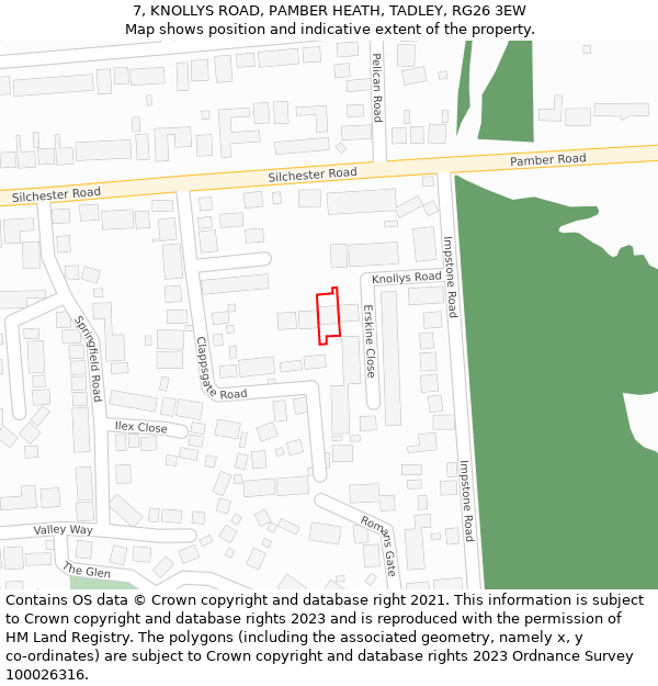 7, KNOLLYS ROAD, PAMBER HEATH, TADLEY, RG26 3EW: Location map and indicative extent of plot