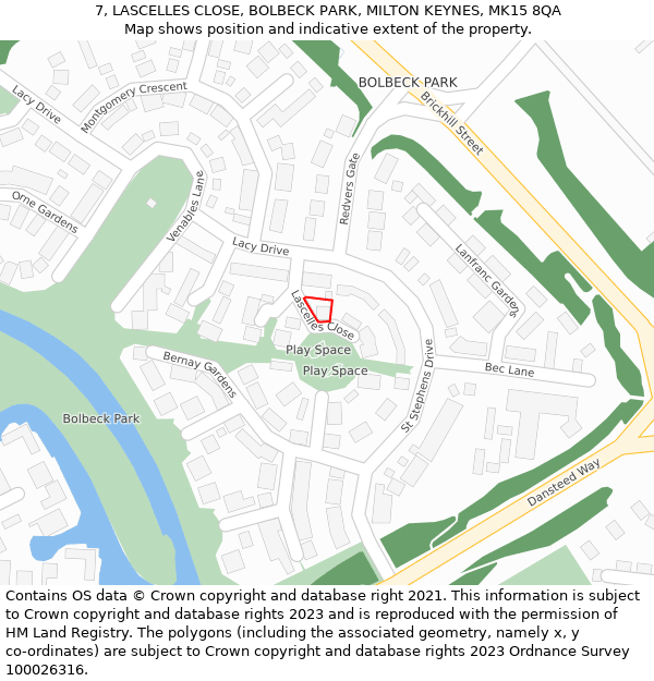 7, LASCELLES CLOSE, BOLBECK PARK, MILTON KEYNES, MK15 8QA: Location map and indicative extent of plot