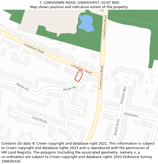 7, LONGDOWN ROAD, SANDHURST, GU47 8QG: Location map and indicative extent of plot