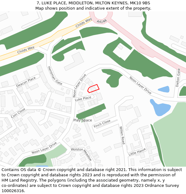 7, LUKE PLACE, MIDDLETON, MILTON KEYNES, MK10 9BS: Location map and indicative extent of plot