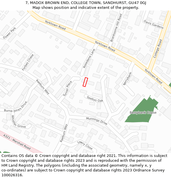 7, MADOX BROWN END, COLLEGE TOWN, SANDHURST, GU47 0GJ: Location map and indicative extent of plot