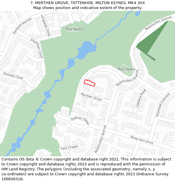 7, MERTHEN GROVE, TATTENHOE, MILTON KEYNES, MK4 3AX: Location map and indicative extent of plot