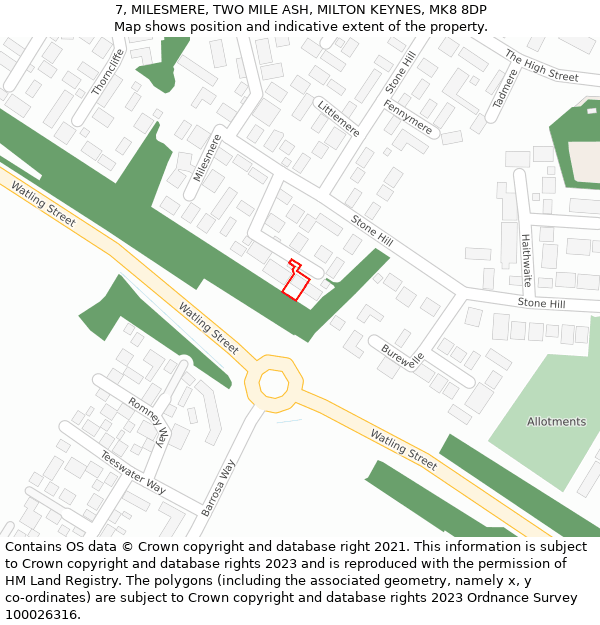 7, MILESMERE, TWO MILE ASH, MILTON KEYNES, MK8 8DP: Location map and indicative extent of plot