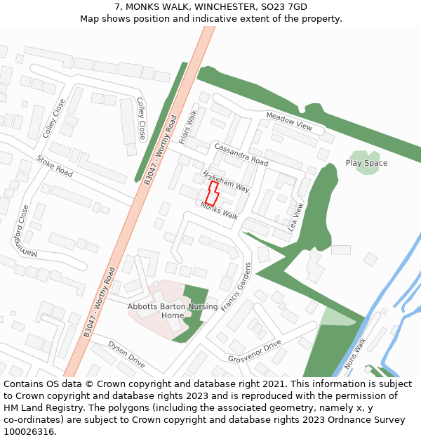 7, MONKS WALK, WINCHESTER, SO23 7GD: Location map and indicative extent of plot