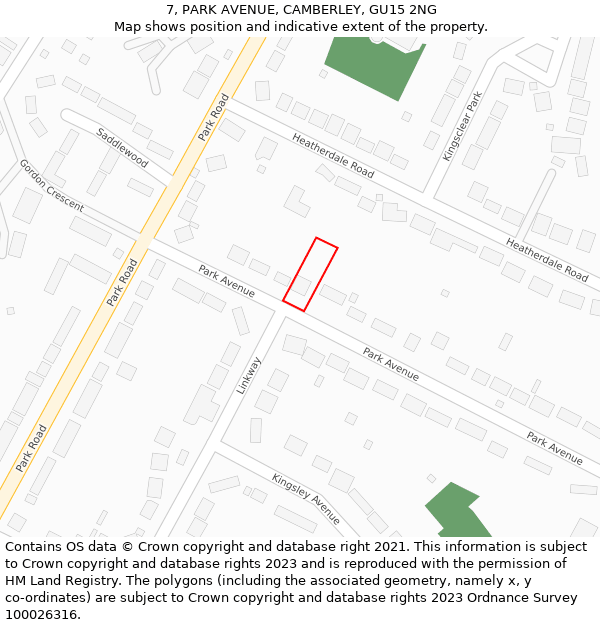 7, PARK AVENUE, CAMBERLEY, GU15 2NG: Location map and indicative extent of plot