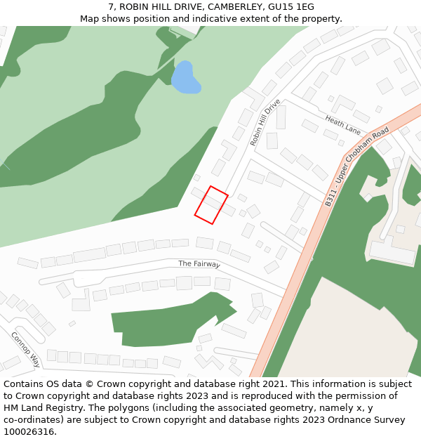 7, ROBIN HILL DRIVE, CAMBERLEY, GU15 1EG: Location map and indicative extent of plot