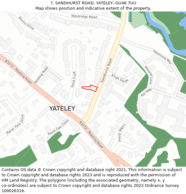 7, SANDHURST ROAD, YATELEY, GU46 7UU: Location map and indicative extent of plot