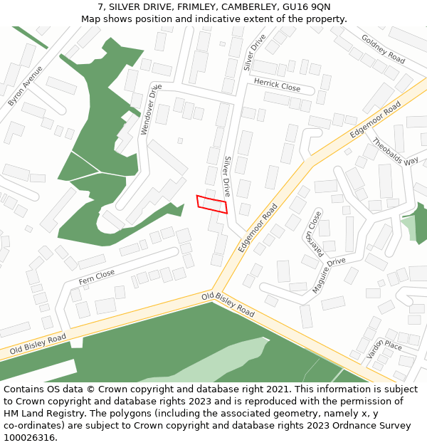 7, SILVER DRIVE, FRIMLEY, CAMBERLEY, GU16 9QN: Location map and indicative extent of plot