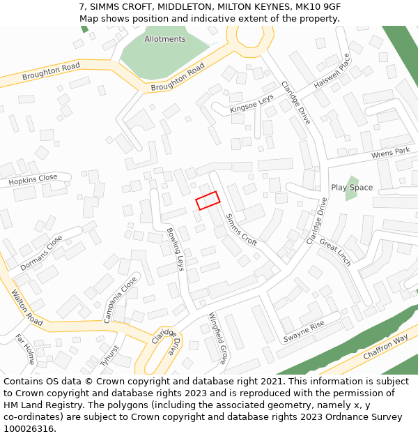 7, SIMMS CROFT, MIDDLETON, MILTON KEYNES, MK10 9GF: Location map and indicative extent of plot