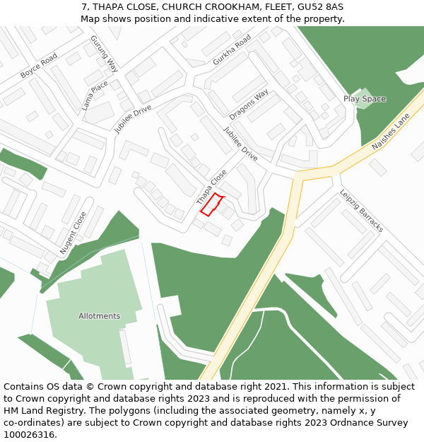 7, THAPA CLOSE, CHURCH CROOKHAM, FLEET, GU52 8AS: Location map and indicative extent of plot