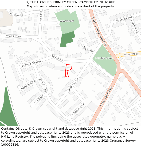 7, THE HATCHES, FRIMLEY GREEN, CAMBERLEY, GU16 6HE: Location map and indicative extent of plot
