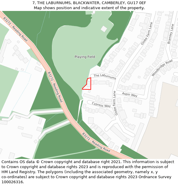 7, THE LABURNUMS, BLACKWATER, CAMBERLEY, GU17 0EF: Location map and indicative extent of plot