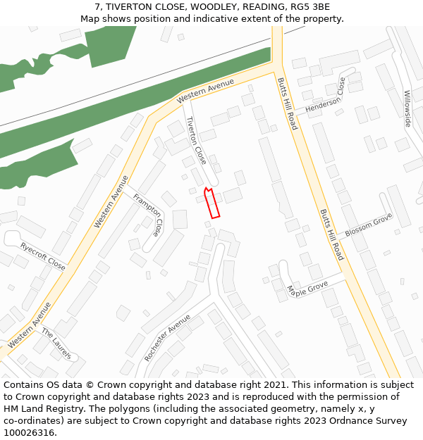 7, TIVERTON CLOSE, WOODLEY, READING, RG5 3BE: Location map and indicative extent of plot