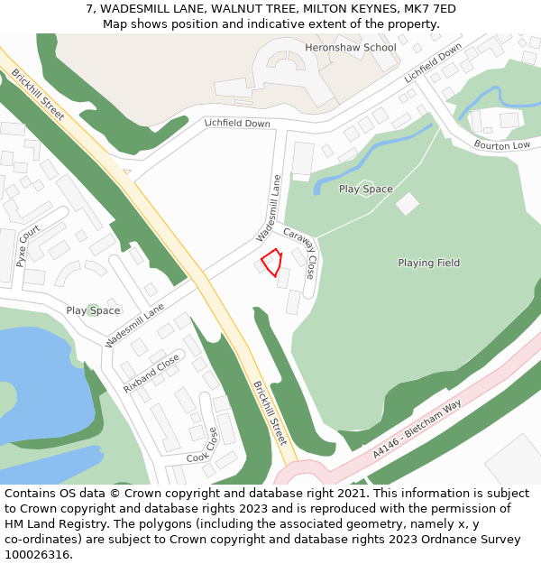 7, WADESMILL LANE, WALNUT TREE, MILTON KEYNES, MK7 7ED: Location map and indicative extent of plot