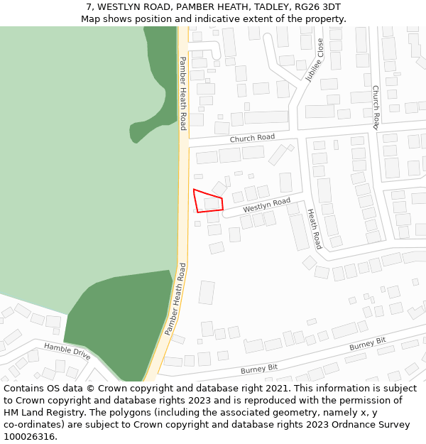 7, WESTLYN ROAD, PAMBER HEATH, TADLEY, RG26 3DT: Location map and indicative extent of plot