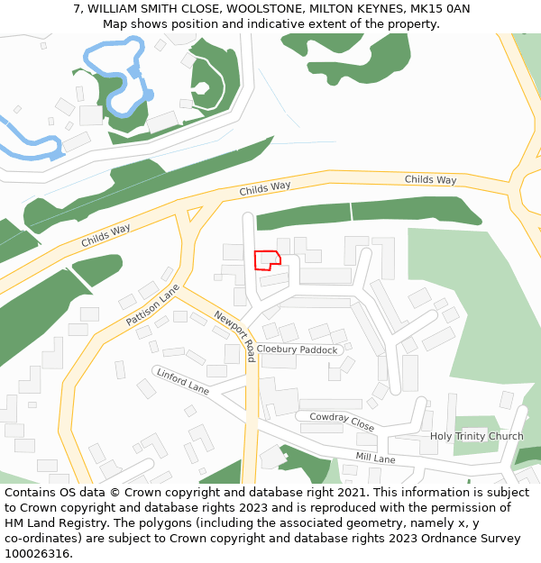 7, WILLIAM SMITH CLOSE, WOOLSTONE, MILTON KEYNES, MK15 0AN: Location map and indicative extent of plot