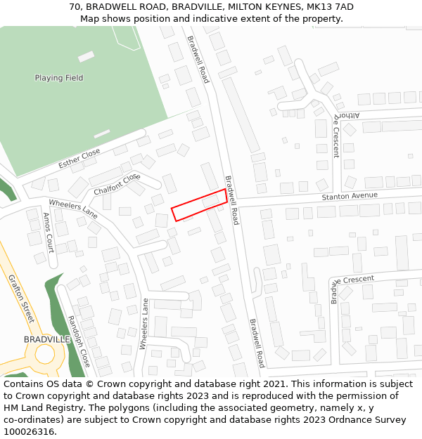 70, BRADWELL ROAD, BRADVILLE, MILTON KEYNES, MK13 7AD: Location map and indicative extent of plot