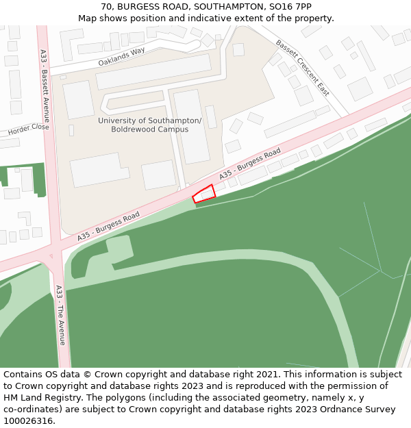 70, BURGESS ROAD, SOUTHAMPTON, SO16 7PP: Location map and indicative extent of plot