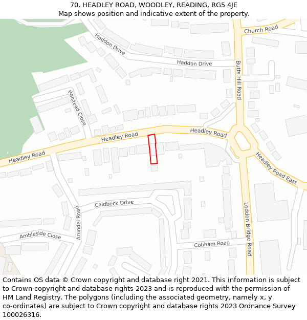 70, HEADLEY ROAD, WOODLEY, READING, RG5 4JE: Location map and indicative extent of plot