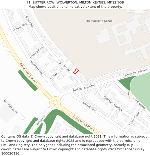 71, BUTTER ROW, WOLVERTON, MILTON KEYNES, MK12 5GB: Location map and indicative extent of plot