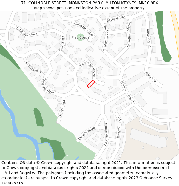 71, COLINDALE STREET, MONKSTON PARK, MILTON KEYNES, MK10 9PX: Location map and indicative extent of plot