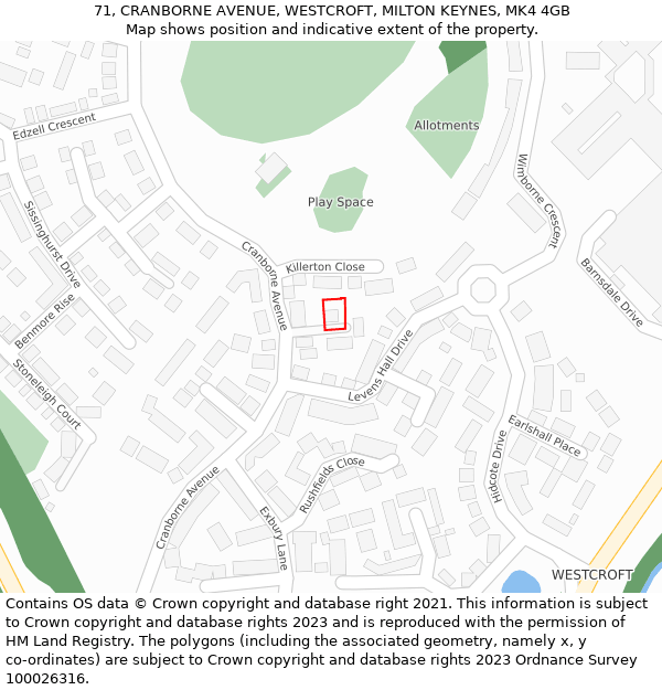 71, CRANBORNE AVENUE, WESTCROFT, MILTON KEYNES, MK4 4GB: Location map and indicative extent of plot