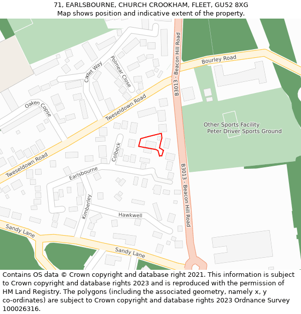 71, EARLSBOURNE, CHURCH CROOKHAM, FLEET, GU52 8XG: Location map and indicative extent of plot