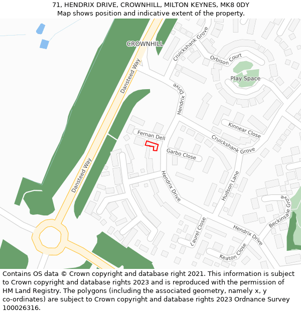 71, HENDRIX DRIVE, CROWNHILL, MILTON KEYNES, MK8 0DY: Location map and indicative extent of plot