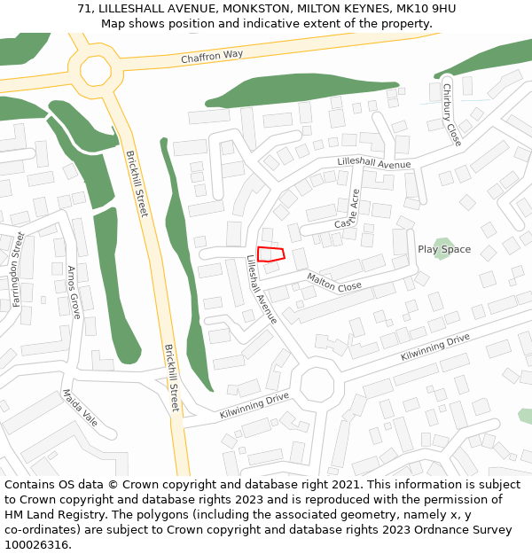 71, LILLESHALL AVENUE, MONKSTON, MILTON KEYNES, MK10 9HU: Location map and indicative extent of plot