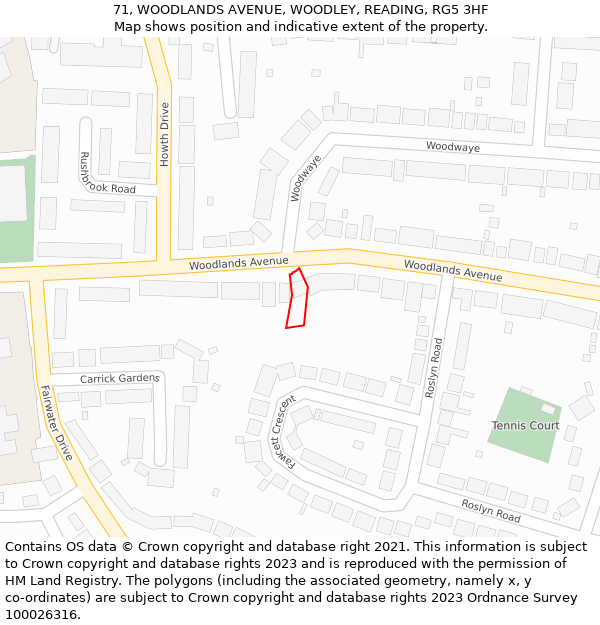 71, WOODLANDS AVENUE, WOODLEY, READING, RG5 3HF: Location map and indicative extent of plot